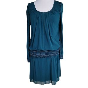 Designer Vivienne Tam Dark Teal Netting Smocked Mini Dress Size Medium